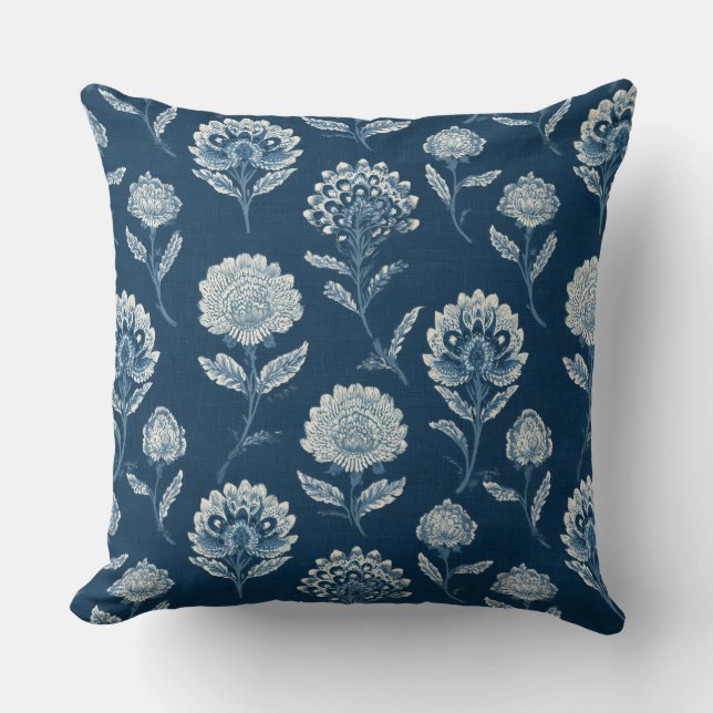 Floral Hamptons Blue Throw Pillow (Front)