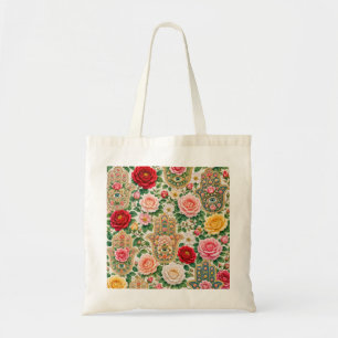 Floral Hamsa Hand & Colourful Roses Evil Eye Tote Bag