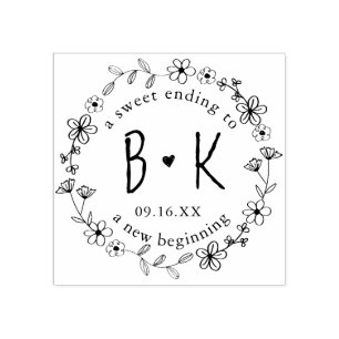 Floral Hand Drawn Wreath Monogram Date Wedding Rubber Stamp