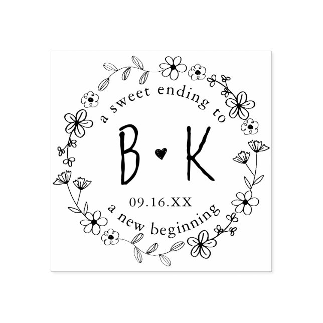 Floral Hand Drawn Wreath Monogram Date Wedding Rubber Stamp (Imprint)