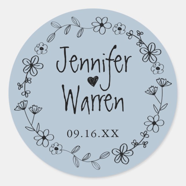 Floral Hand Drawn Wreath Personalized Dusty Blue Classic Round Sticker (Front)