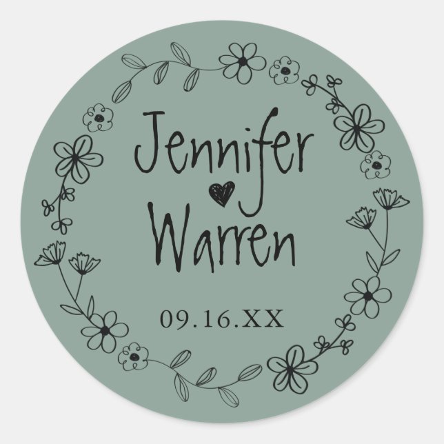 Floral Hand Drawn Wreath Personalized Green Classic Round Sticker (Front)