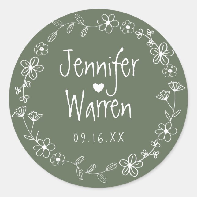 Floral Hand Drawn Wreath Wedding Green Classic Round Sticker (Front)