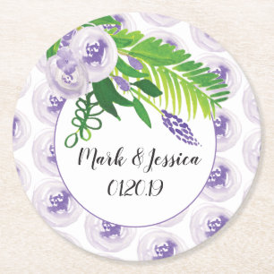 Floral Hand Watercolor Greenery Purple Wedding Round Paper Coaster
