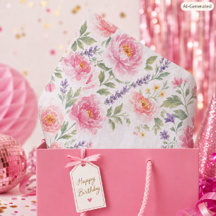 Floral Happy Birthday Blush Pink Roses Tissue Paper