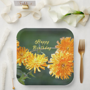 Floral "Happy Birthday" Orange Zennia Paper Plate