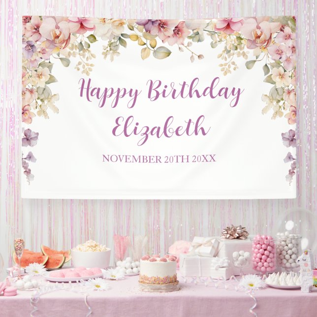 Floral Happy Birthday orchids backdrop banner (Party)