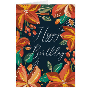 Floral Happy birthday. Red navy flowers. Friends