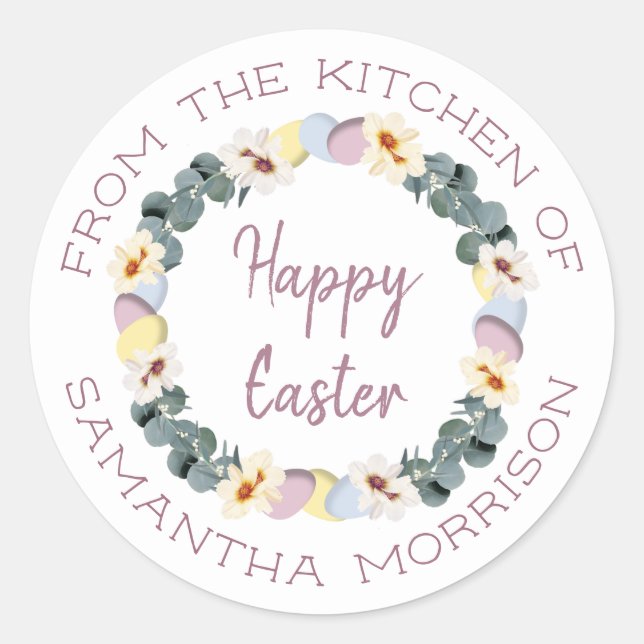 Floral Happy Easter Egg Wreath From The Kitchen Of Classic Round Sticker (Front)