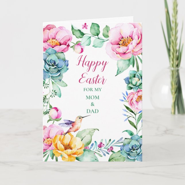 Floral Happy Easter Mom and Dad Holiday Card (Front)