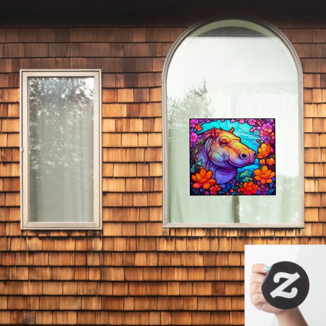 Floral Happy Hippo Colourful Faux Stained Glass Window Cling (Home Window)