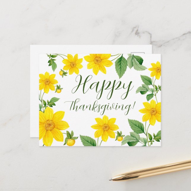Floral Happy Thanksgiving Postcard (Front/Back In Situ)