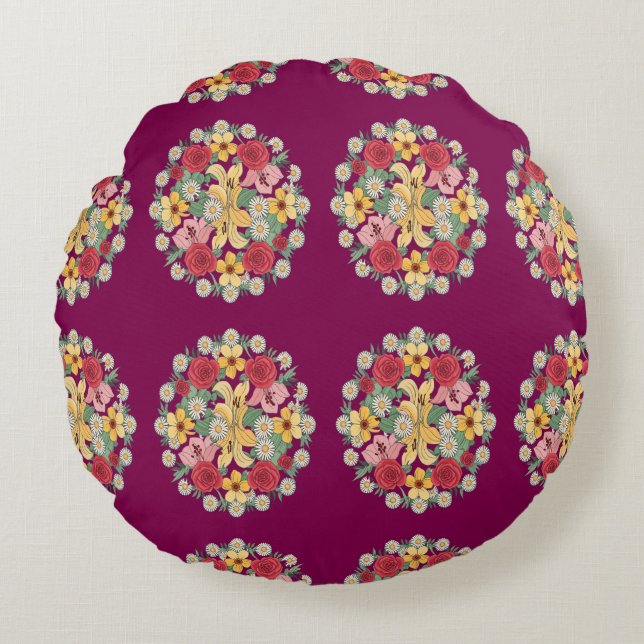 Floral Harmony Mandala Round Pillow (Front)