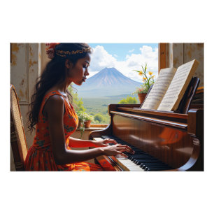 Floral Harmony – Woman at Piano with Nature View Photo Print