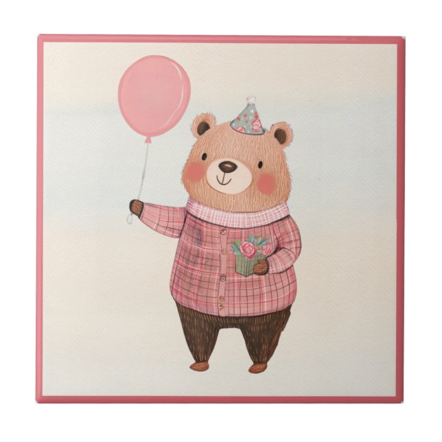 Floral Hat Bear with Pink Plaid Sweater Tile (Front)