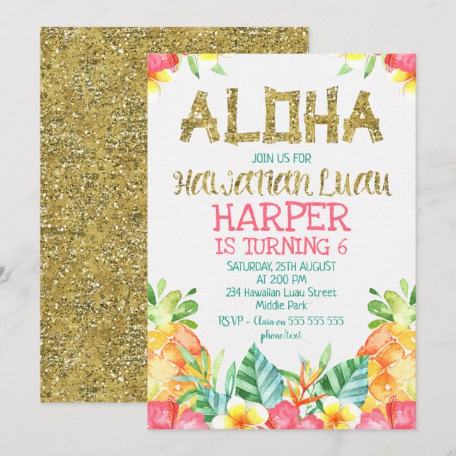 Floral Hawaiian Luau Birthday Invitation (Front/Back)