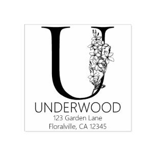 Floral Head Letter - U - Return Address Monogram Rubber Stamp