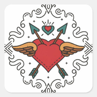 Floral Heart Cupid Tattoo Square Sticker