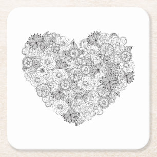Floral Heart Doodle Square Paper Coaster