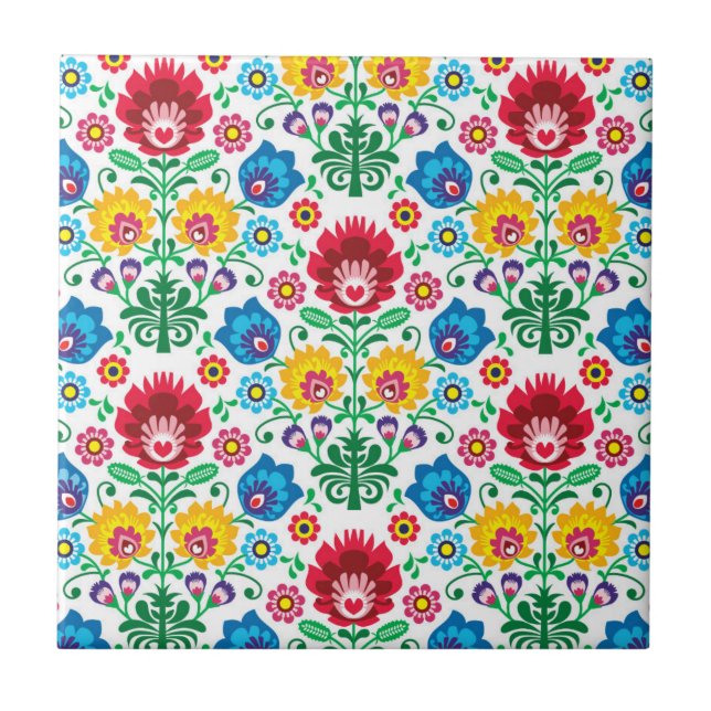 Floral Heart Folk Art Pattern Tile (Front)