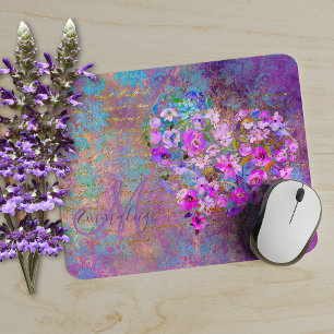 Floral Heart Gold Antique Handwriting Monogram Mouse Pad