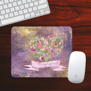 Floral Heart Gold Antique Handwriting Monogram Mouse Pad