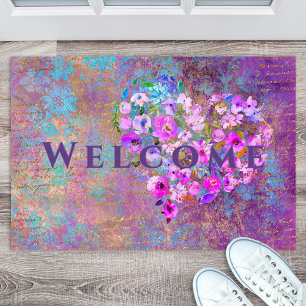 Floral Heart Gold Antique Handwriting Welcome Doormat