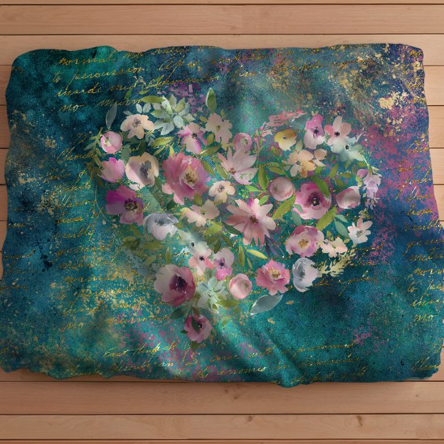 Floral Heart Gold Romantic Handwriting Fleece Blanket (Creator Uploaded)