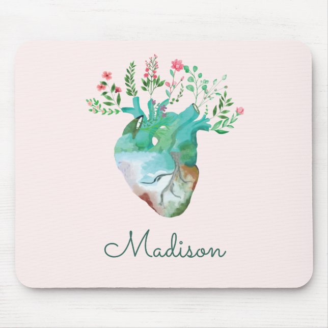 Floral Heart Health Pretty Anatomy Personalized Mouse Pad (Front)