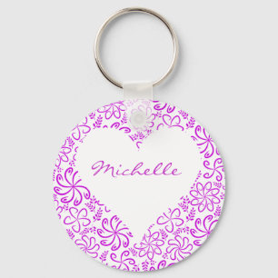 Floral heart in purple white with a name keychain