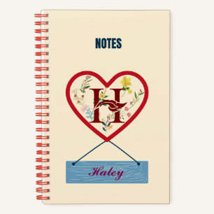 Floral Heart Monogram - Named with Letter H Notebook