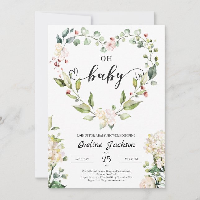 Floral Heart Oh Baby Shower Invitation Girl Boho (Front)