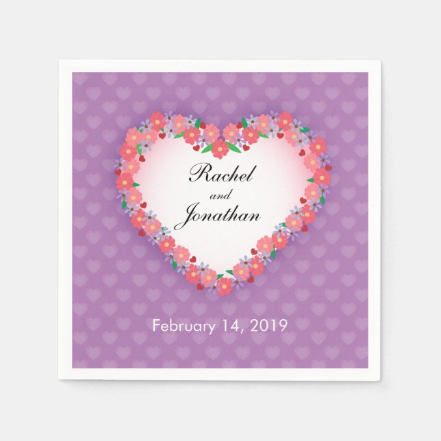 Floral Heart on Light Purple, Personalized Wedding Napkin (Front)