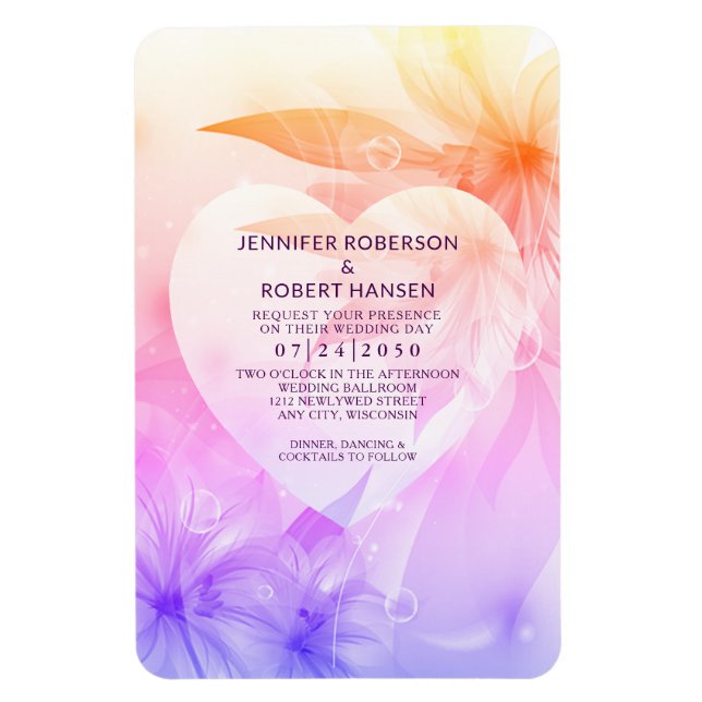 Floral Heart Orange Purple Dewdrops Wedding Invite Magnet (Vertical)