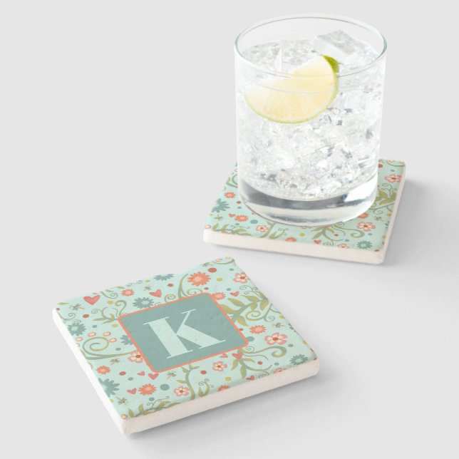 Floral Heart Pattern Pretty Custom Initial  Stone Coaster (Side)