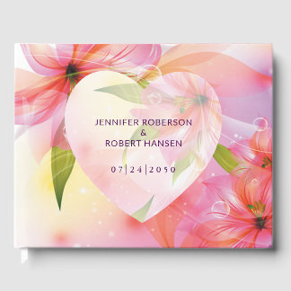 Floral Heart Pink Dewdrops Wedding Guest Book