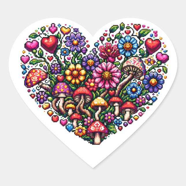 Floral Heart Pixel Art Heart Sticker (Front)