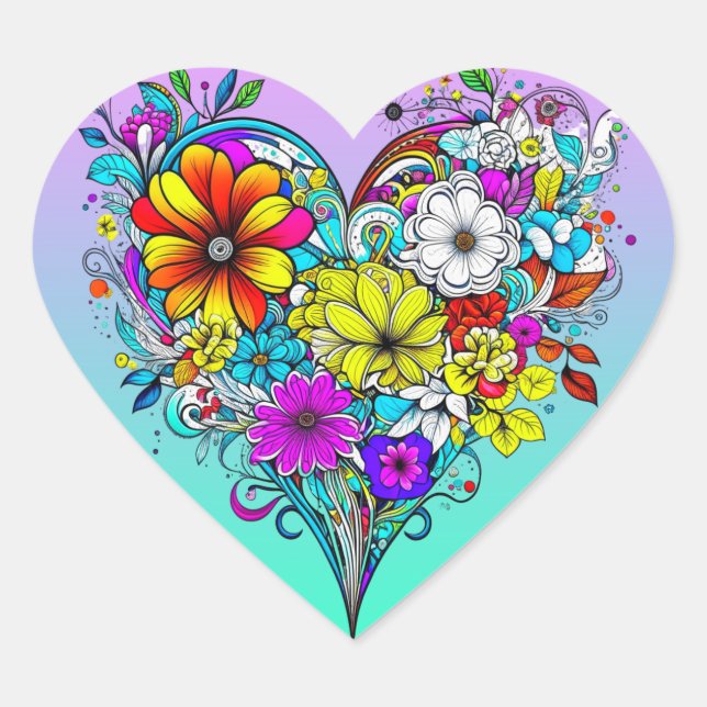 Floral Heart Pretty Colourful Heart Sticker (Front)