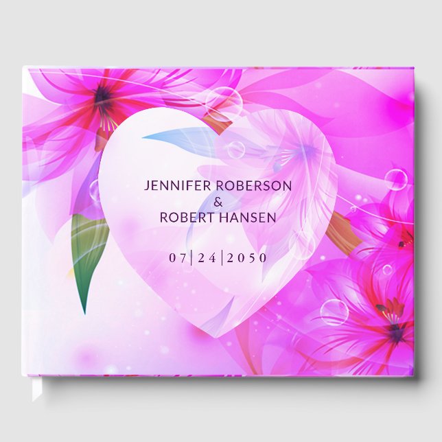 Floral Heart Purple Dewdrops Wedding Guest Book (Front)