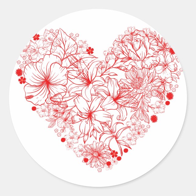 Floral Heart, Red Flowers Heart Classic Round Sticker (Front)