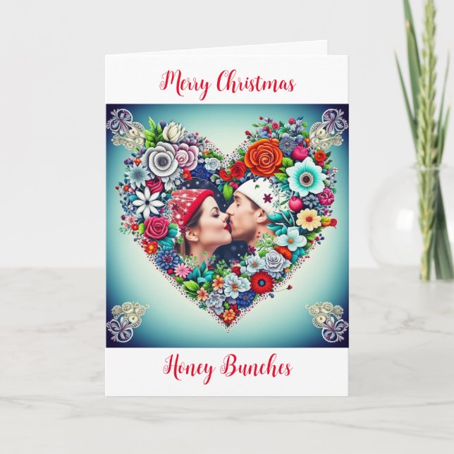 Floral Heart Romantic Personalized Christmas Holiday Card (Front)