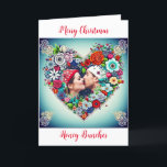 Floral Heart Romantic Personalized Christmas Holiday Card<br><div class="desc">Pretty teal background with red roses and colourful flowers whimsical folk art style floral heart. Add a picture of you and your partner in the personalize area. Sweet romantic card for Christmas. All I want for Christmas,  is us.</div>
