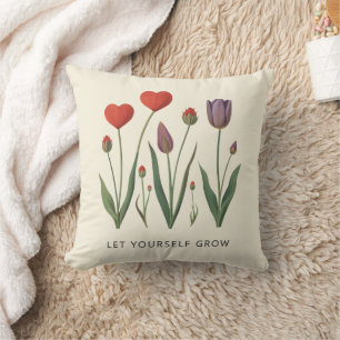 Floral Heart Tulips Let Yourself Grow Quote Throw Pillow