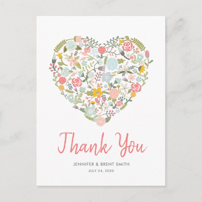 Floral Heart Wedding Thank You Postcard (Front)