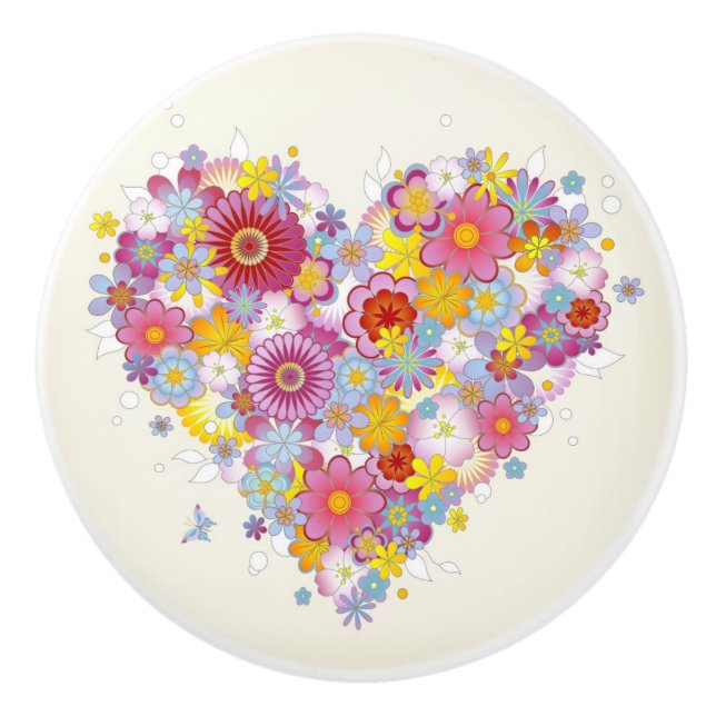 Floral heart with butterflies ceramic knob (Front)