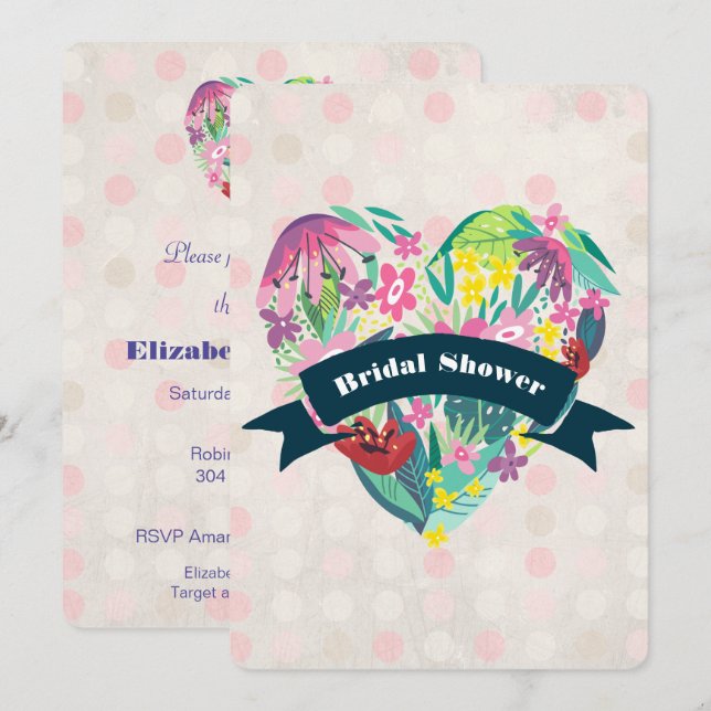 Floral Heart with Tropical Flowers Bridal Shower Invitation (Front/Back)