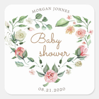floral heart wreath baby shower square sticker