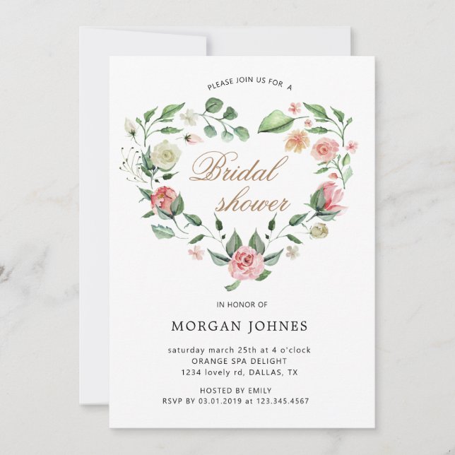 Floral Heart Wreath Bridal Shower Invitation (Front)
