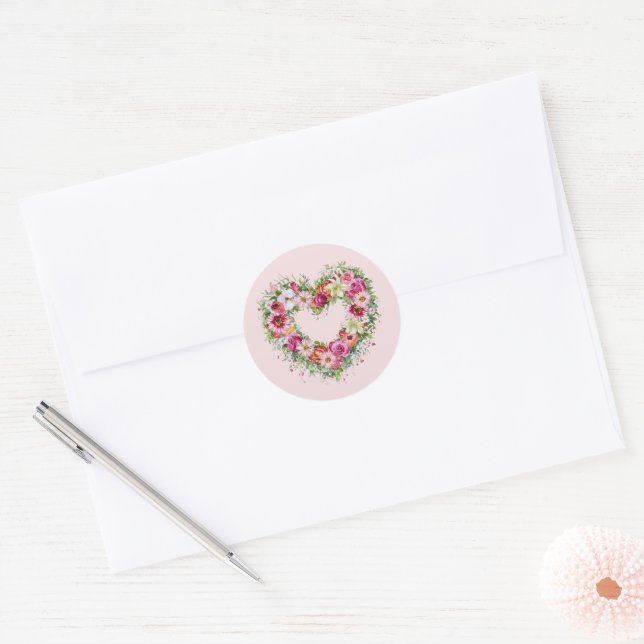 Floral Heart Wreath Classic Round Sticker (Envelope)