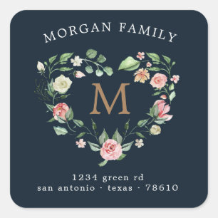 floral heart wreath monogram return address square sticker